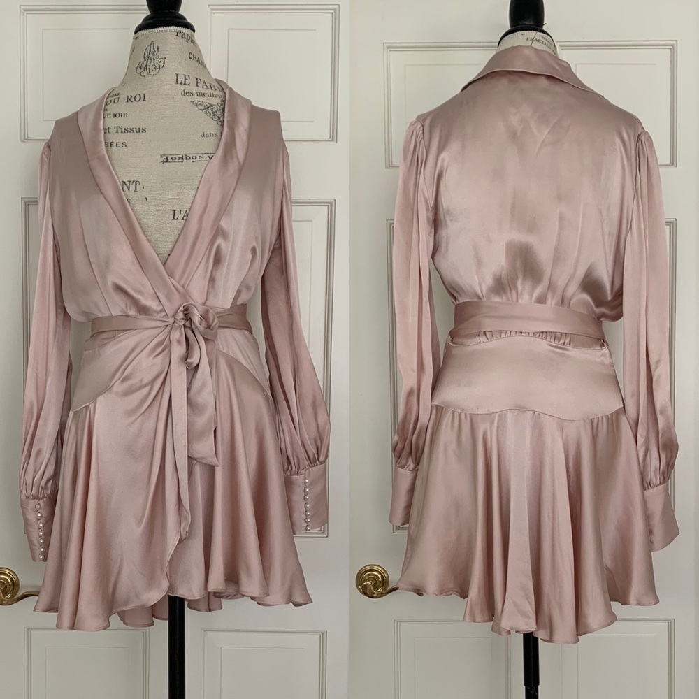 Zimmermann Soft Petal Pink Silk Wrap Dress with Pearl Detail